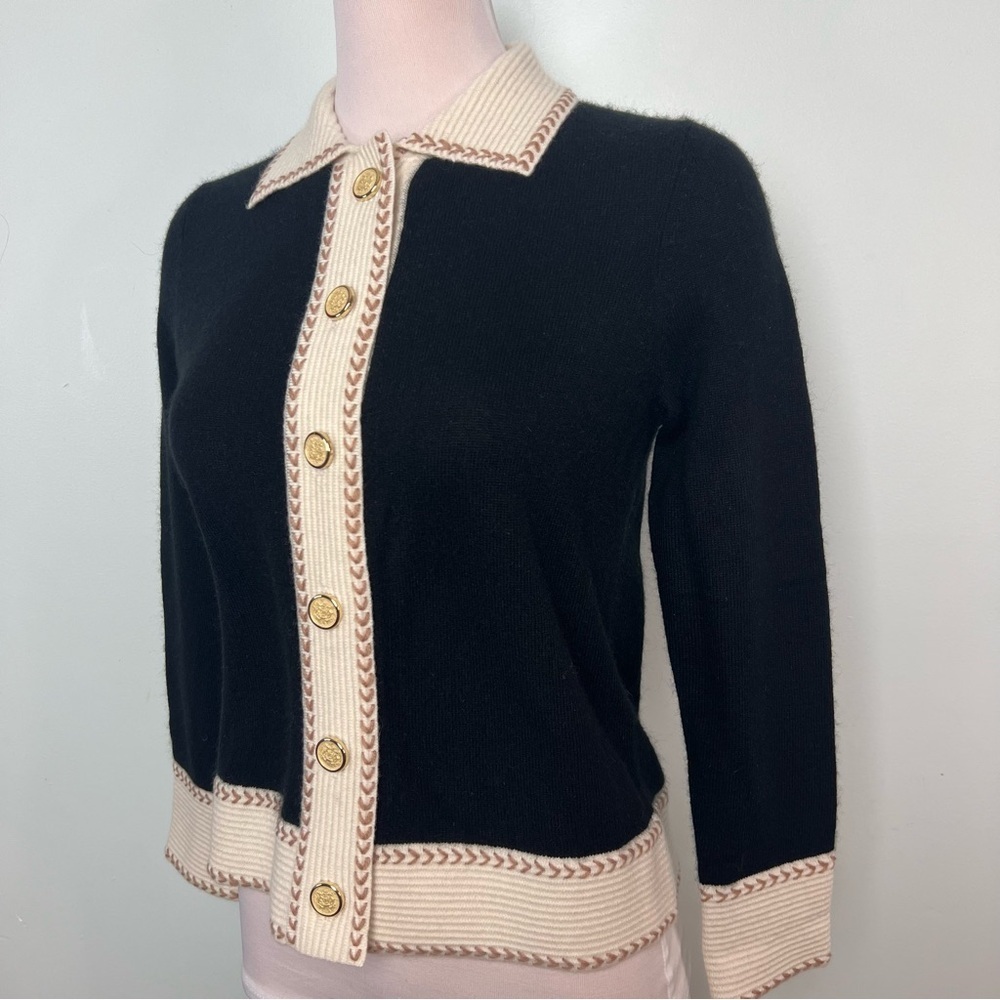 C By Bloomingdale’s 100% 2-Ply Cashmere Black & Cream Gold Button Cardigan XS - Picture 3 of 11